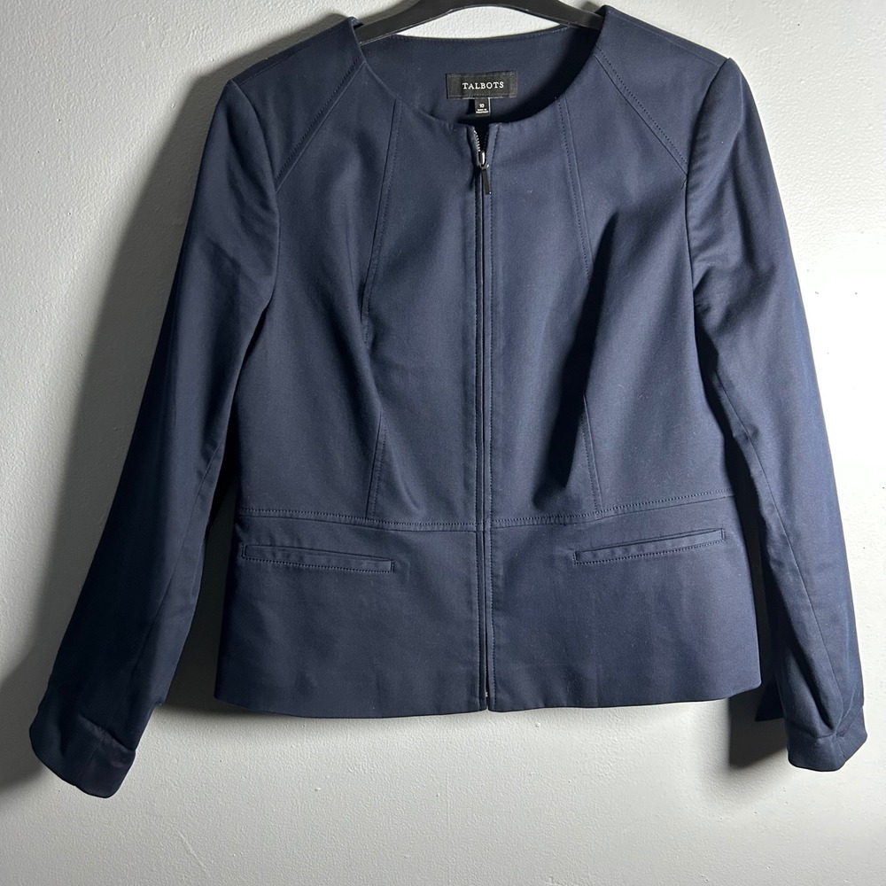 Talbots Womens Navy Blue 2 Piece Pant Suit Zip Front Jacket Trousers Size 10